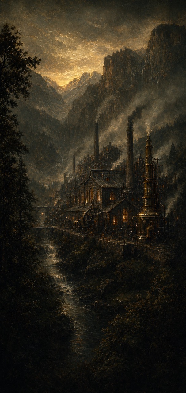 A dark mountain manufactory glowing with amber light beneath smoke and cliffs.